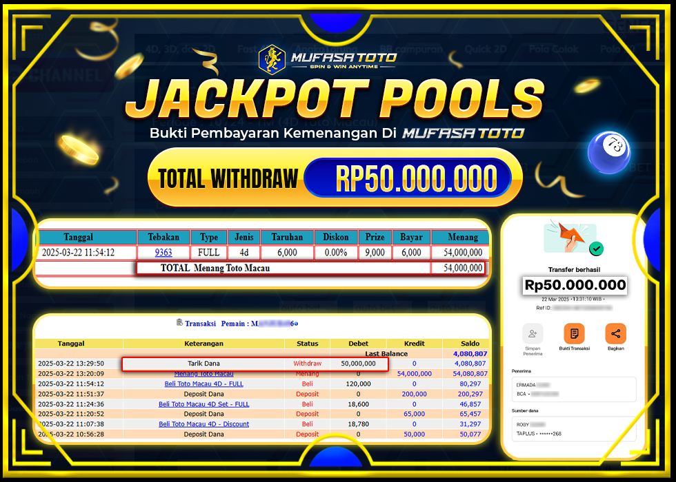 MUFASATOTO JACKPOT POOL MACAU Rp 50.000.000 | LUNAS